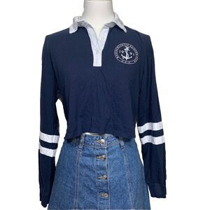 Hollister California Navy Blue Crop Rugby Shirt XS Long Sleeve 1991 Anchor Logo‎